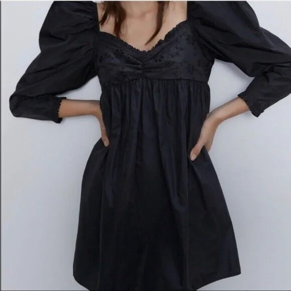zara black embroidered mini dress Zara - Zw Collection Embroidered Mini Dress - Black - S